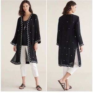 Soft Surroundings Black Embroidered Long Open-Front Kimono